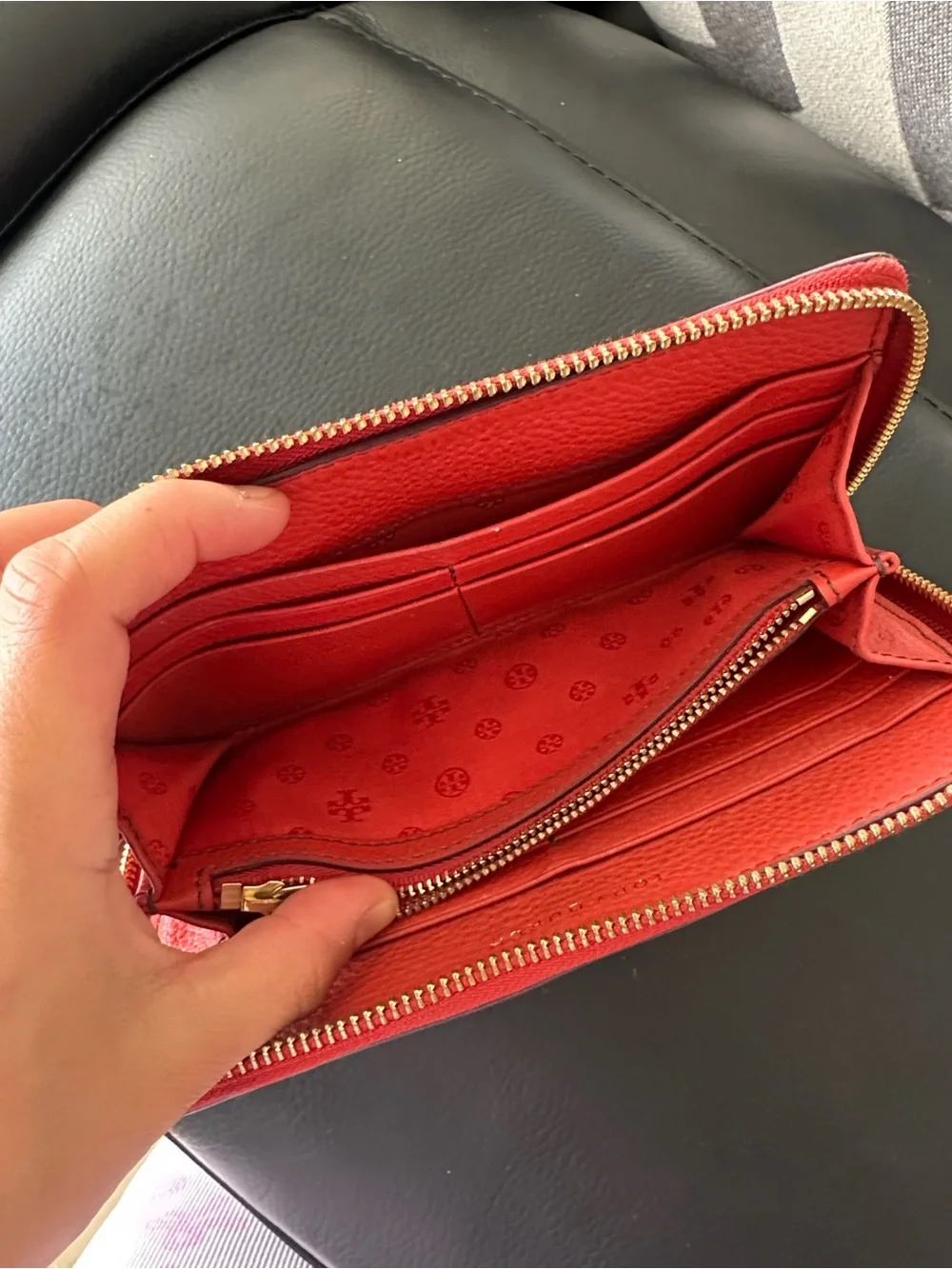 Tory Burch Red Pebbled Leather Zip Wallet with Logo